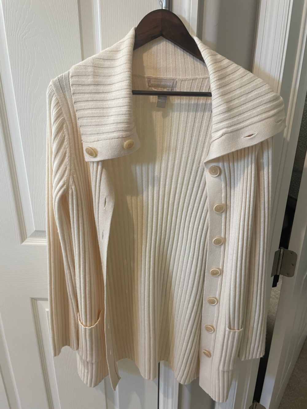 Wool blend Cream Ribbed Button down Cardigan Italian fabric quiet luxury